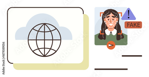 Globe representing internet, facial recognition scanning, fake label, and warning icon. Ideal for AI ethics, cybersecurity, technology, media literacy, digital trust misinformation simple flat