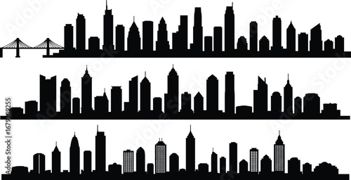 Modern city skyline silhouette illustration with tall skyscrapers, urban buildings, downtown architecture, bridge design, metropolitan horizon, business district, cityscape vector background