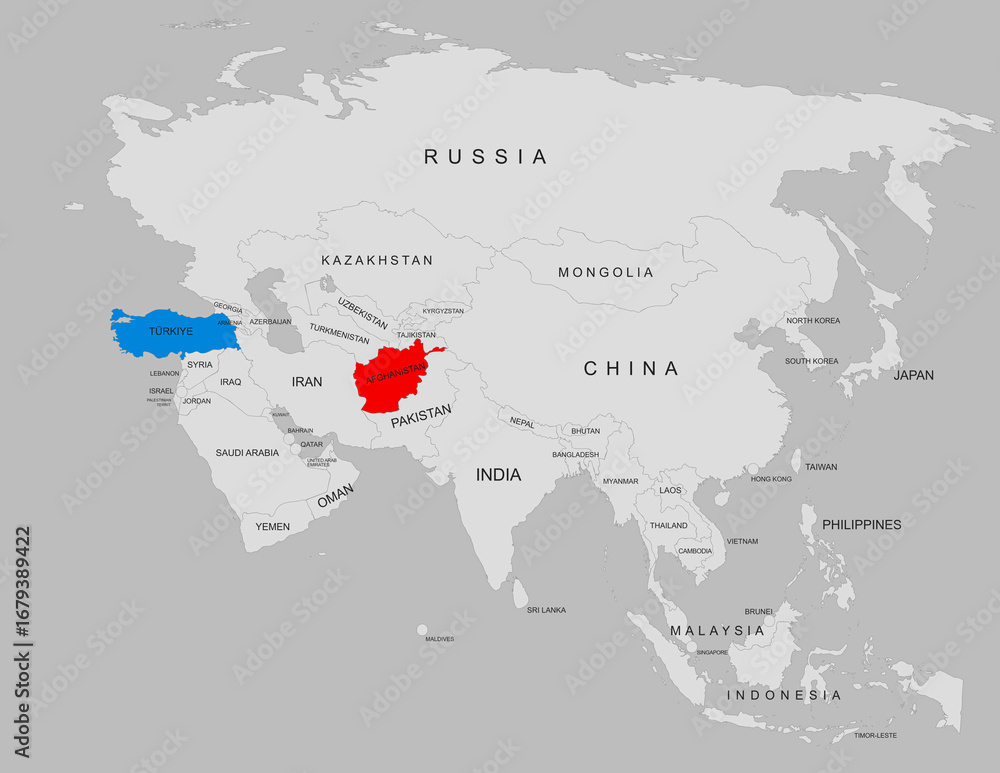 Obraz premium Afghanistan and Turkey map with political borders and country labels