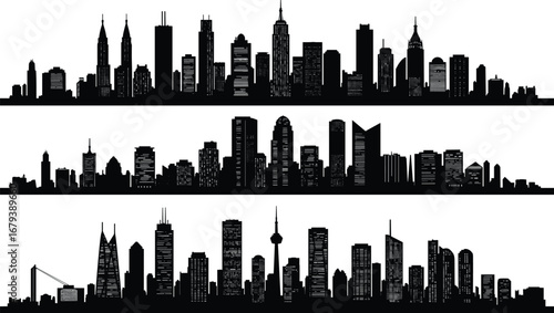 City skyline silhouette illustration with modern skyscrapers, urban architecture, downtown buildings, metropolitan horizon, business district, high rise towers, cityscape vector design background