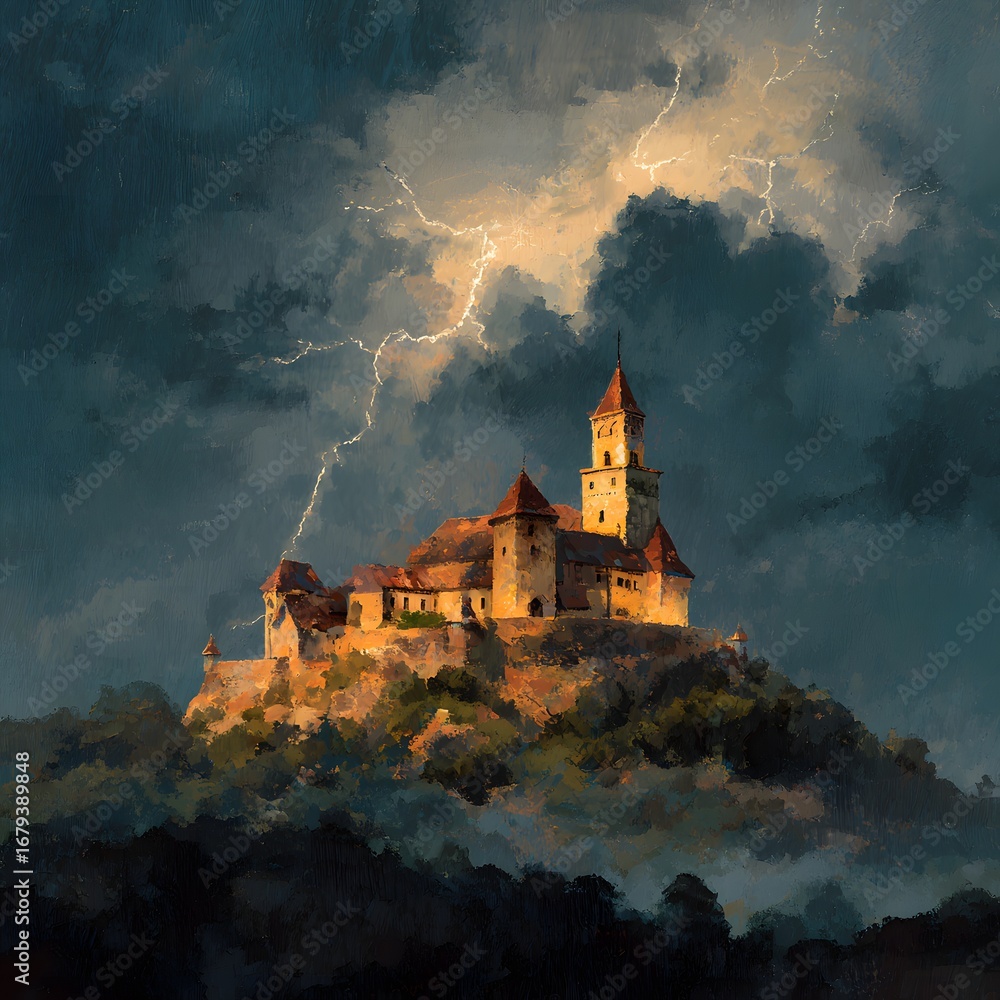 Fototapeta premium Spooky Vampire Castle on a Hill During a Thunderstorm at halloween