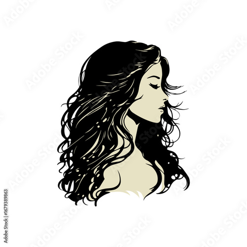 Elegant woman's profile with flowing dark hair, serene expression, perfect for beauty and style concepts.