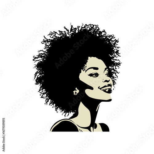 Vibrant portrait captures joyful woman with voluminous afro celebrating life's moments with radiant smile