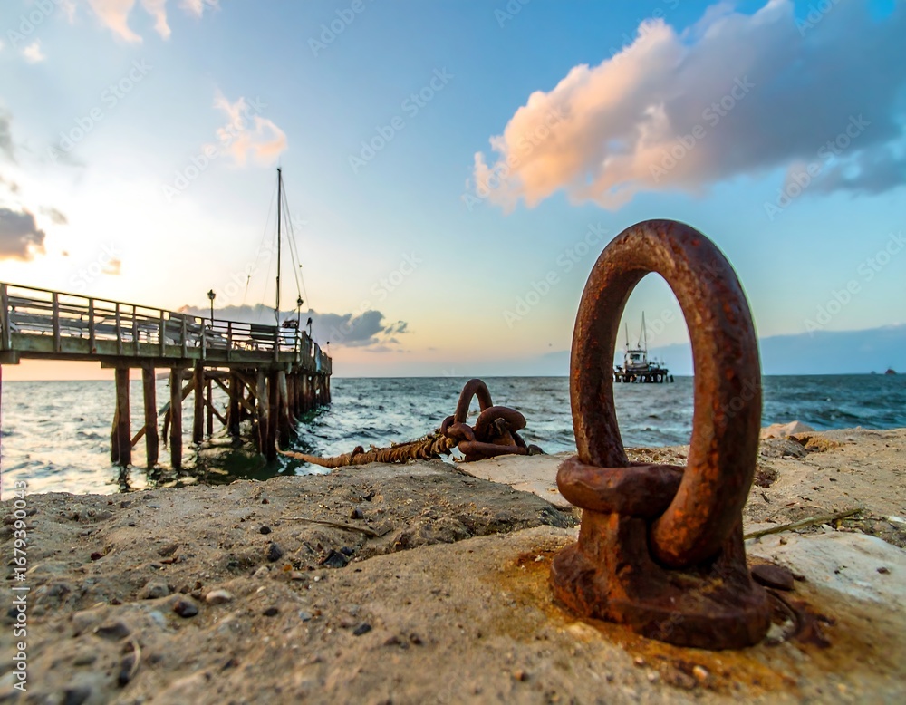 Fototapeta premium Wooden pier at sunrise over water with rusty mooring ring