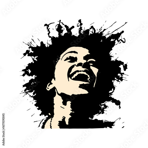 Joyful expressive portrait of a person laughing with an abstract ink splatter effect creating dynamic energy and a sense of freedom
