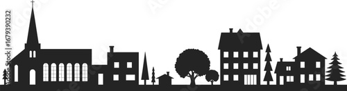 Silhouette illustration of countryside town with church, traditional houses, pine trees, leafy trees, rural landscape architecture, village skyline vector design background