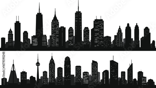 Modern city skyline silhouette vector illustration with tall skyscrapers, urban buildings, downtown architecture, cityscape design, metropolitan horizon view, business district background