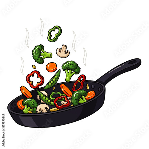 Vibrant vegetables sizzling in a non-stick pan, perfect for healthy eating and cooking illustrations