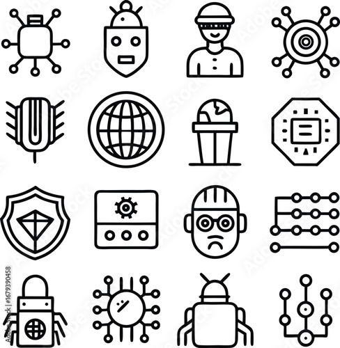 Cybersecurity and technology icons set featuring network connections ai bots data protection and network security concepts for digital platforms