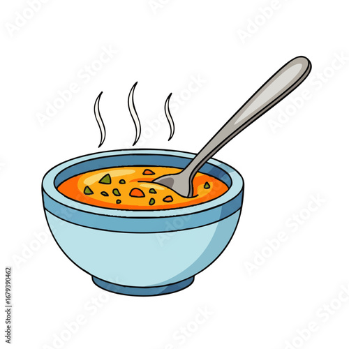 Warm, hearty bowl of vegetable soup with a spoon ready for a delicious, comforting meal.