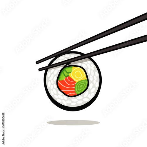 Delicious sushi roll held by chopsticks, a perfect bite of Japanese cuisine, ready to be savored.