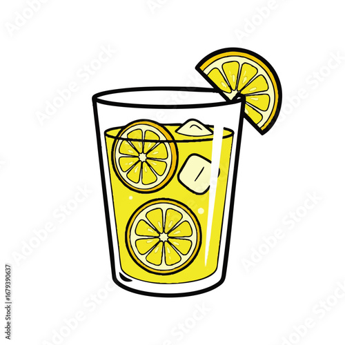 Refreshing glass of lemonade with ice and lemon slices, perfect for summer drinks and refreshment.