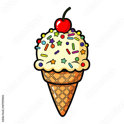 Delightful vanilla ice cream cone topped with colorful sprinkles and a bright cherry