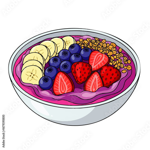 Vibrant acai bowl bursting with fresh berries, banana slices, and crunchy granola for a healthy start.