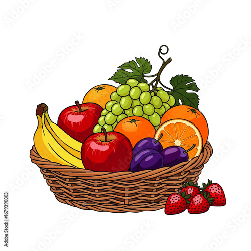 Abundant fresh fruit basket brimming with vibrant apples, grapes, oranges, bananas, plums, and strawberries