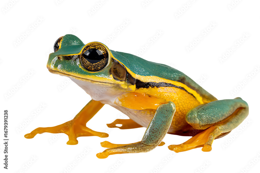 Obraz premium Vibrant green and orange frog isolated on black.