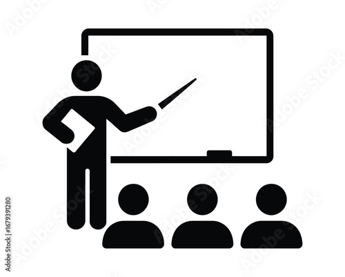 Black and white flat vector illustration of a teacher presenting to a classroom for education and business concepts