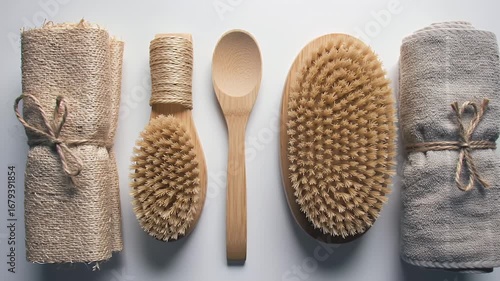 Wellness Still Life Top View with Bath Brushes Wooden Spoon and Rolled Towels for a Skincare and Body Care Routine on