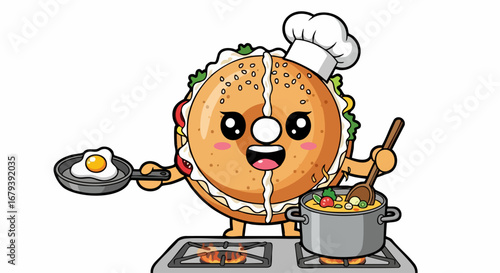 Cute cartoon burger chef cooking with a frying pan and pot on a stove.