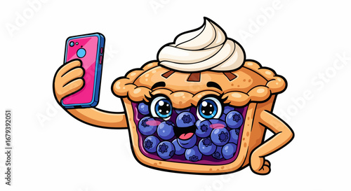 Cartoon Blueberry Pie Taking a Selfie - A Playful Food Character Illustration.