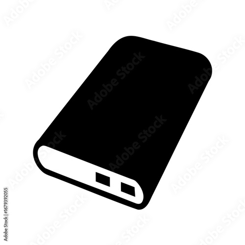 Black power bank with two ports and rounded edges on white background