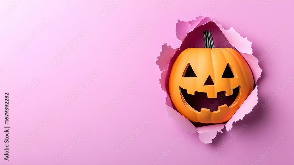 Fototapeta premium Smiling Halloween pumpkin peeking through torn pink paper, festive and playful decoration for seasonal celebration.