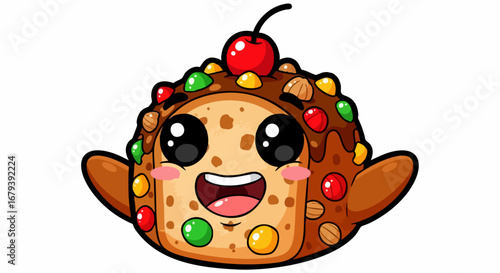 Happy cartoon fruitcake character with cherry and candies.