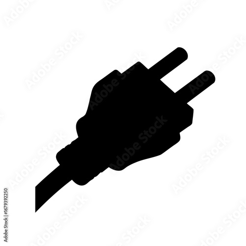 Silhouette of a two pronged electrical plug and the cord attached to it