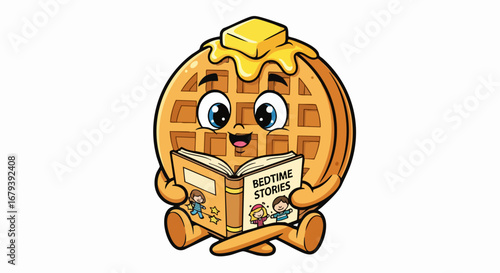 Cute cartoon waffle character reading a bedtime story book.