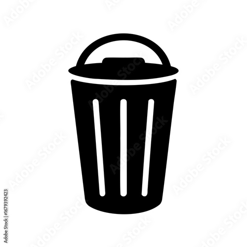 Simple black and white illustration of a garbage can with a handle