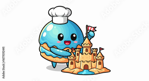 Cartoon jellyfish chef building a sandcastle on the beach with joy.