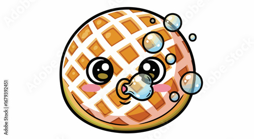 Adorable Cartoon Baby Waffle Blowing Bubbles.