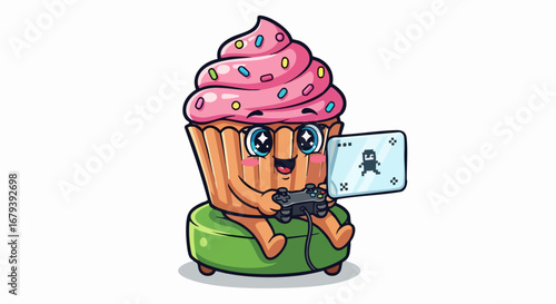 Cute cartoon cupcake character playing video games on a laptop with a controller.