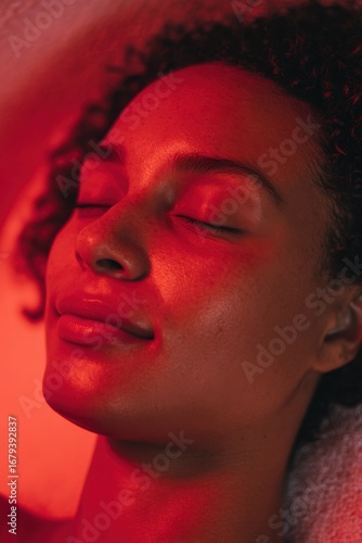 A close-up of a serene woman with eyes closed, illuminated by warm red light, capturing relaxation, wellness, and beauty treatment moments.