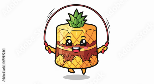 Cute cartoon pineapple character jumping rope for fitness and healthy lifestyle.