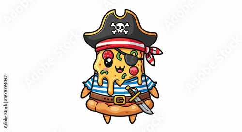 Cute cartoon pizza slice dressed as a pirate character illustration.