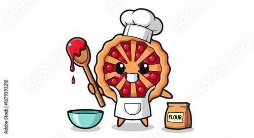 Cute cartoon pie chef character baking with ingredients and a happy smile.