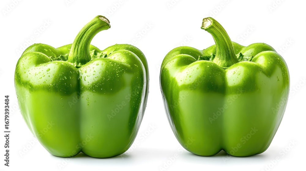 Two fresh green bell peppers on a white isolated background. Two fresh green bell peppers on a white isolated background.