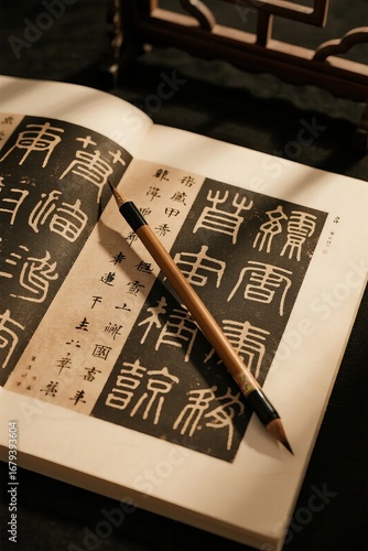 A calligraphy brush resting on an open book with traditional Chinese characters