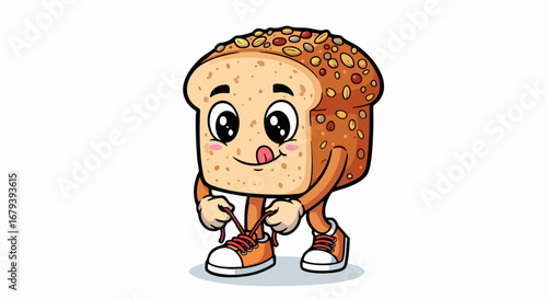Cute cartoon bread character tying shoelaces with a happy expression.