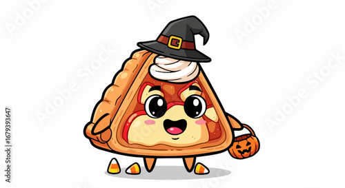 Halloween themed pie character with witch hat and pumpkin bag.