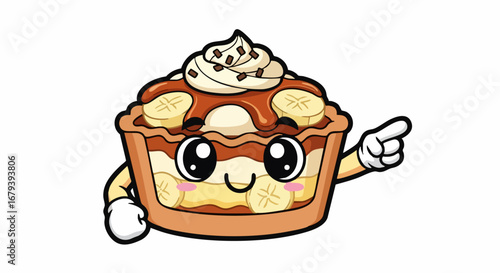 Adorable Banana Cream Pie Cartoon Character Pointing.