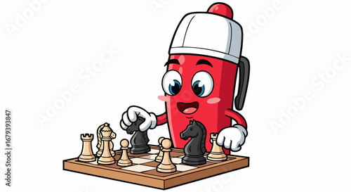 Cartoon Red Pen Character Playing Chess with Black Knight.