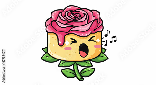 Cute cartoon rose cupcake singing with joy and music notes.