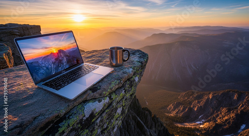 laptop on cliff with sunset sky colors
