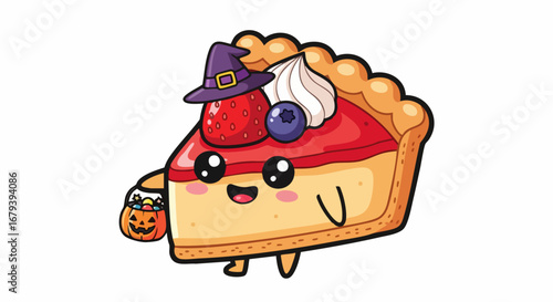 Cute Halloween Pie Slice with Witch Hat and Pumpkin Bucket.
