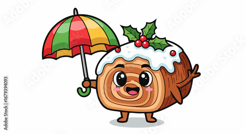 Cute Cartoon Christmas Yule Log Cake Character with Umbrella.