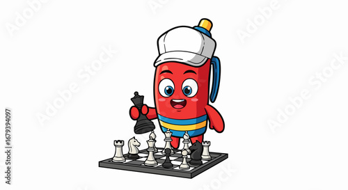 Cute cartoon pen character playing chess with a happy expression.