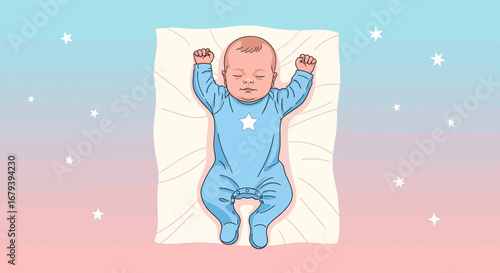 Soothing Dreamtime: Peaceful Infant's Slumber Under Gentle Pastel Hues and Sparkling Stars