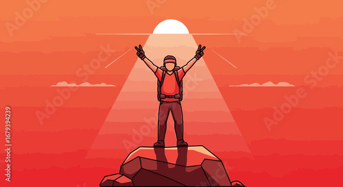 Spectacular Success Depicted By Victorious Hiker On A Mountain Peak, Achieving Victory
